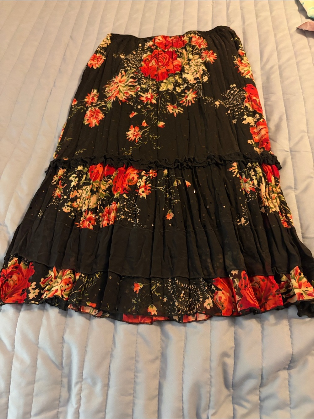 Body Central Black Skirt with Red and Cream Floral Trim